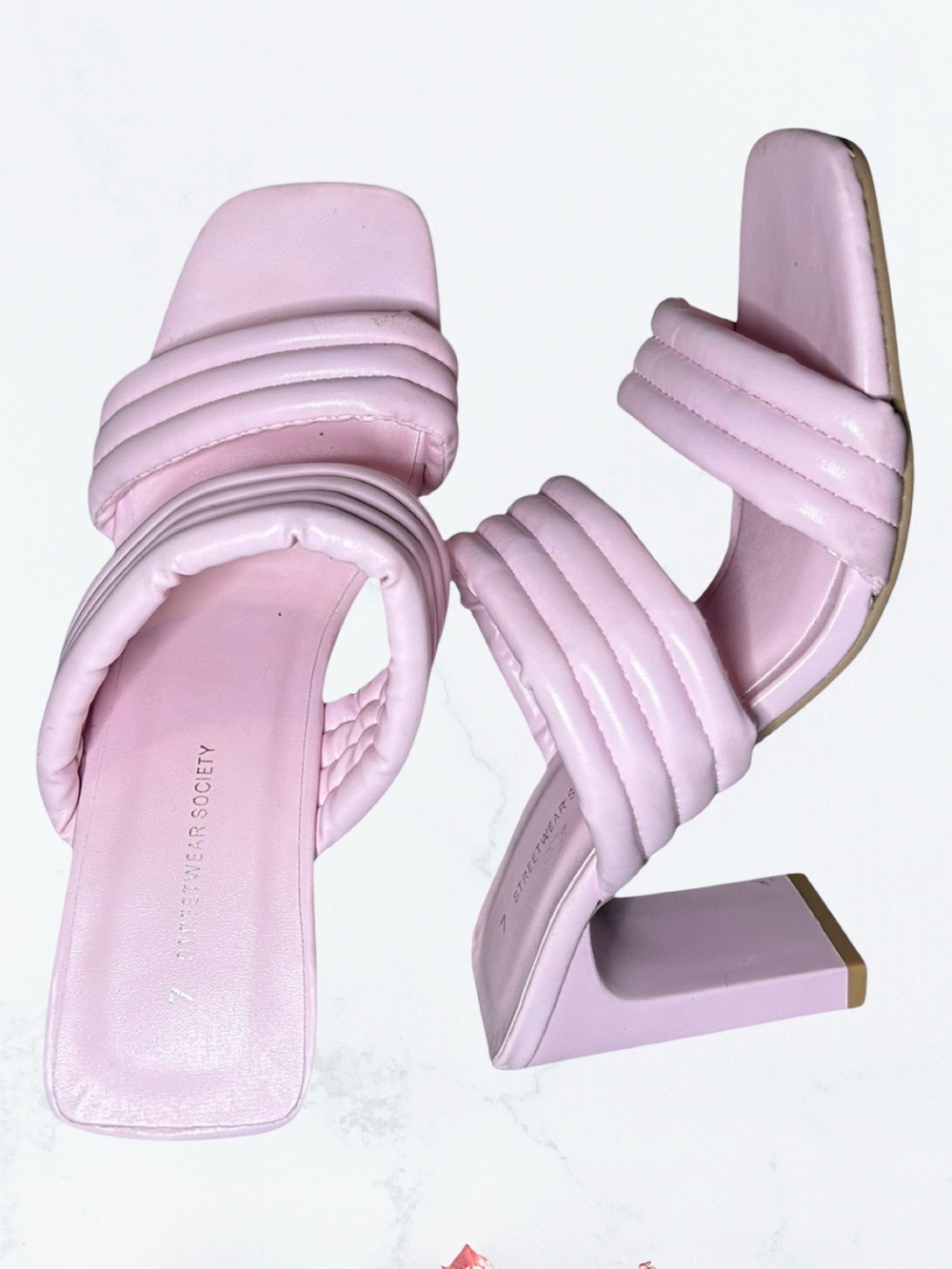 Streetwear Society Pastel Pink Quilted Block Heel Mules
